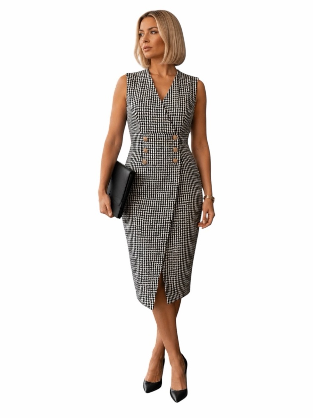 Rachel Zoe 6 Black White Houndstooth Sleeveless Faux Wrap Midi Dress
